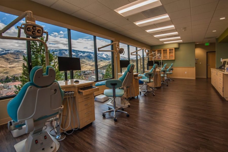Modern dental office with mountain view through large windows