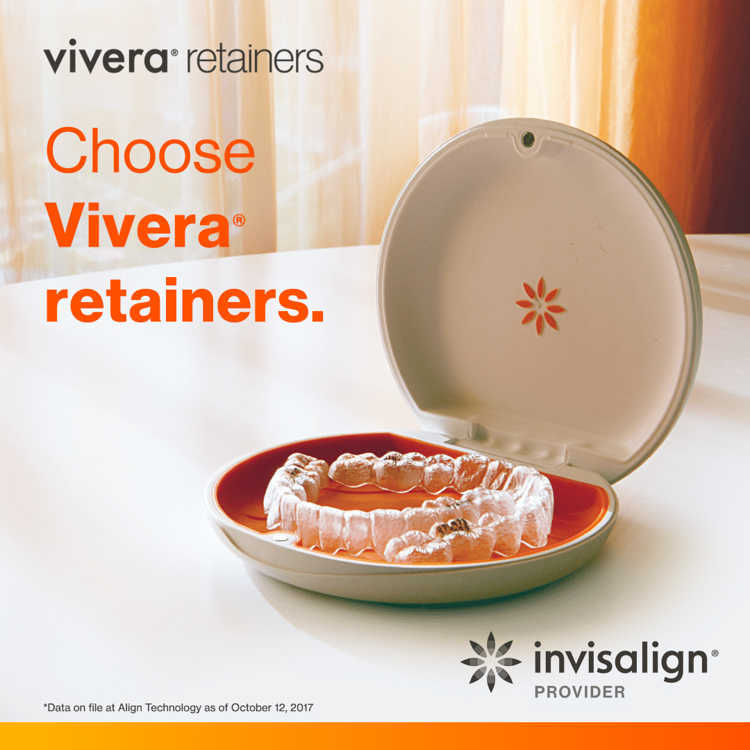 Vivera retainers in case and on plate with advertisement text.