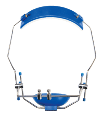 Blue orthodontic headgear on white background